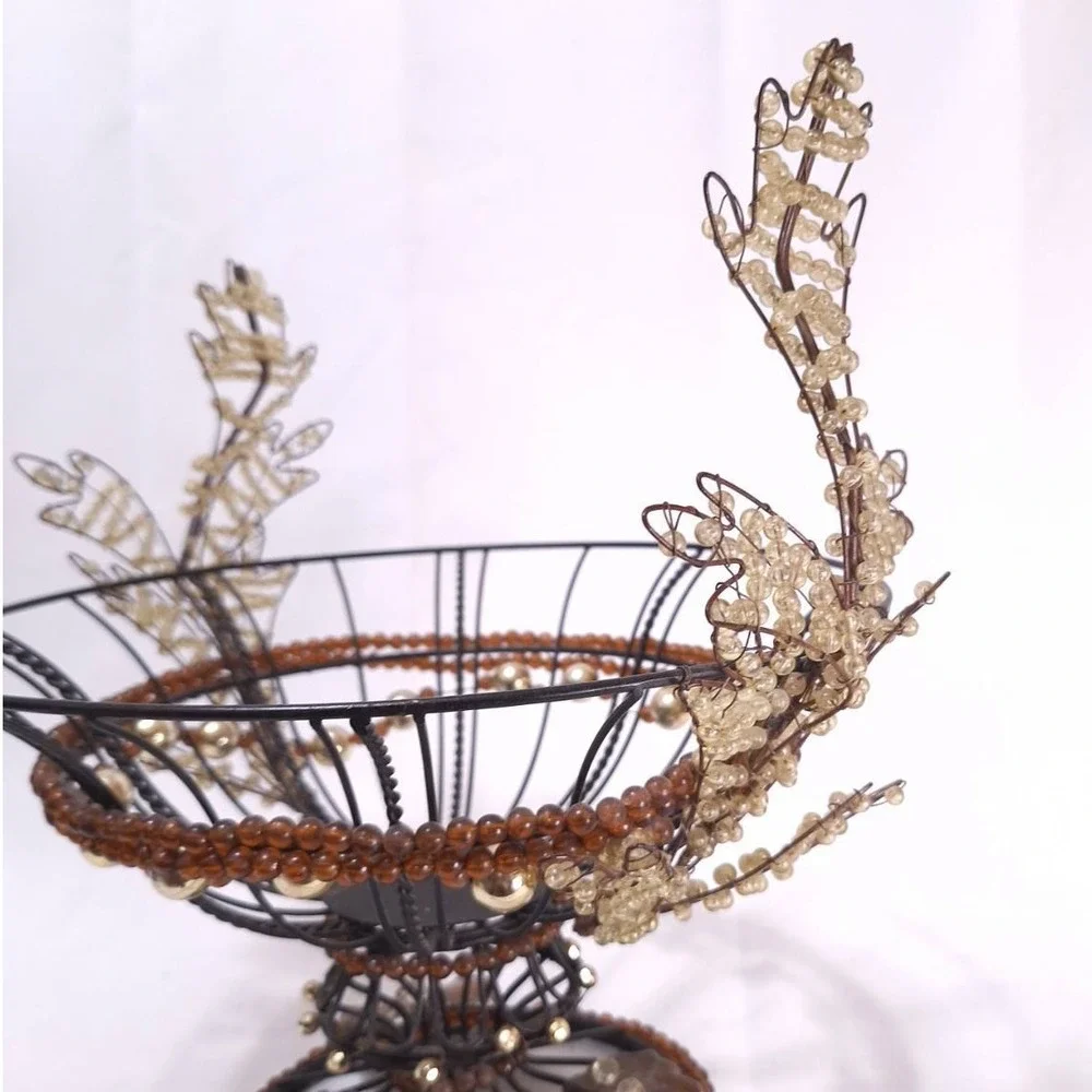 Vtg Metal Wire Beaded Basket w/ Ceramic Leaves‎ Rustic Deco Centerpiece 12.5
